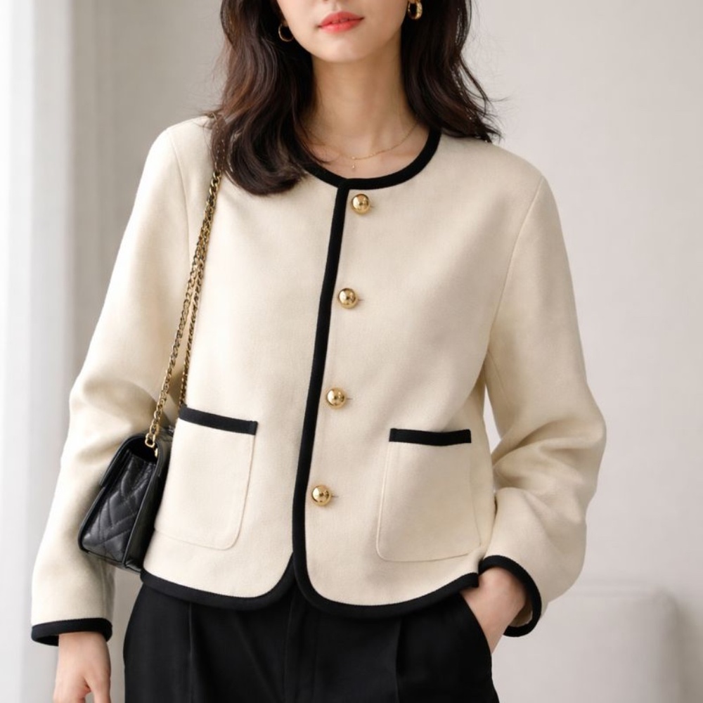 MO&Co. Merino Wool Cream Contrast-Trim Classic Jacket